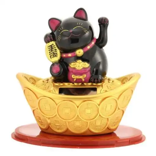 Porte-bonheur <br> Chat chinois. 9 Lucky Chinese Cat noir sur or | Charm et Amulette