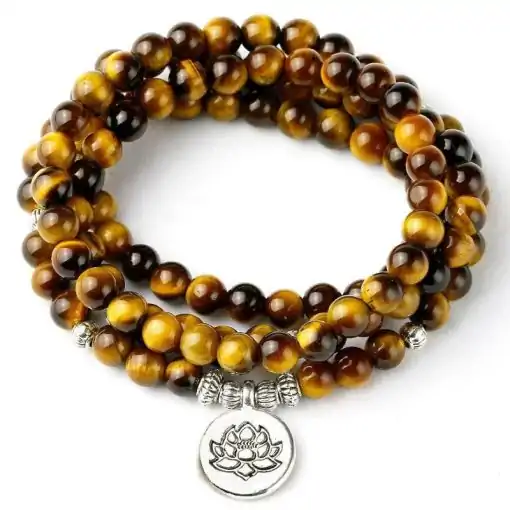 Collier Amulettes <br> Mala Oeil de Tigre. 5 Mala Bracelet Oeil de Tigre Lotus Guru | Charme et Amulette