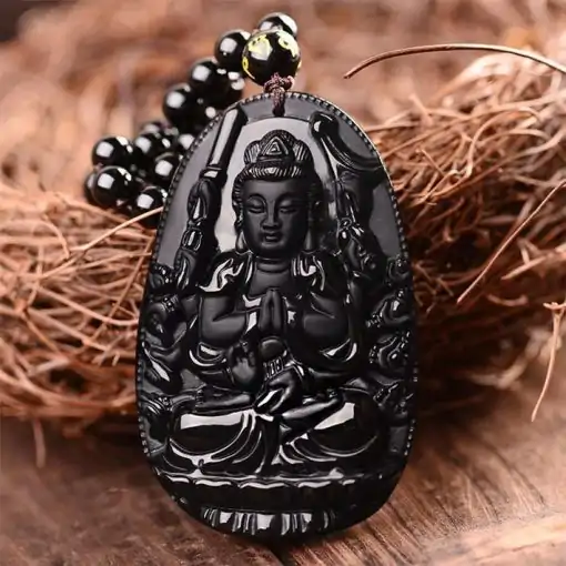 Collier d'amulettes  <br>  Obsidienne de Bouddha. – Image 2