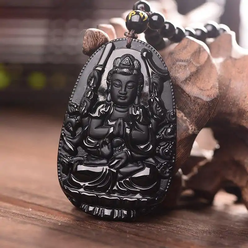 Collier d'amulettes  <br>  Obsidienne de Bouddha.