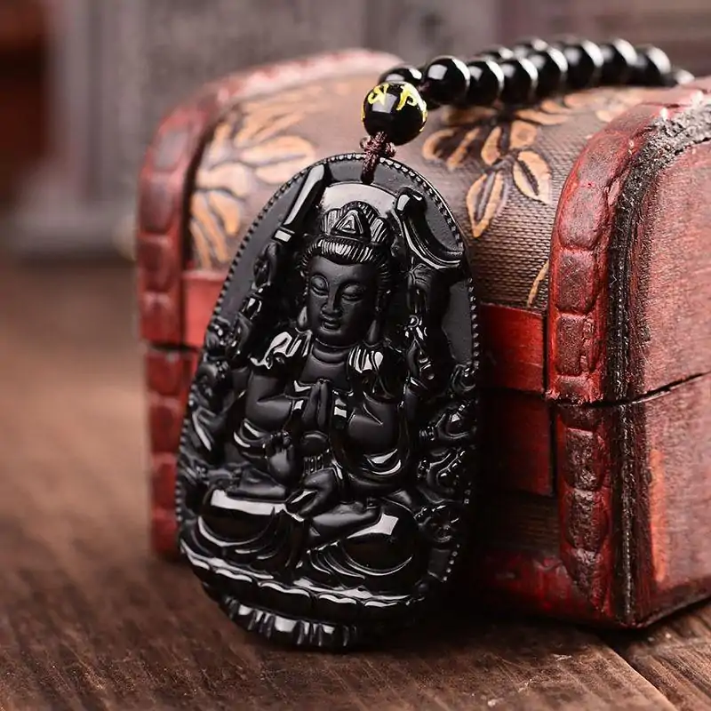 Pendentif Amulette Bouddha en obsidienne noire