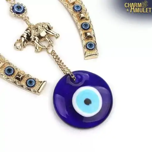 Porte-bonheur <br> Fer à cheval en or (suspension à triple protection) 4 Lucky Charm Horseshoewith Turkish eyes | Charme et Amulette