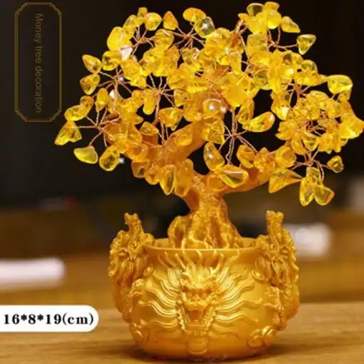 Arbre de la fortune chinois doré sur la table| Charme et amulette