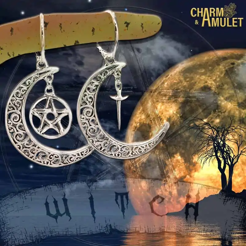 Boucle d'oreille Amulette <br> Boucle d'oreille pentagramme Croissant de lune 3 Boucle d'oreille Amulette <br> Boucle d'oreille pentagramme Croissant de lune