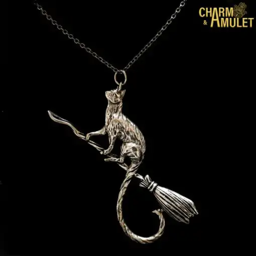 Pendant with chain Cat on Broomstick With amethyst stone Charm and Amulet