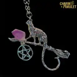 Necklace Cat on Broomstick With amethyst stone Charm and Amulet