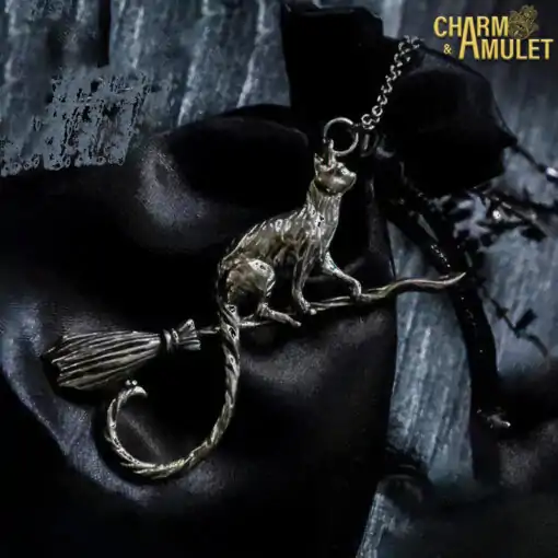 Necklace Cat on Broomstick With chain Charm and Amulet