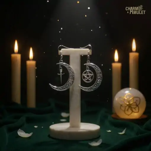 Earring Amulet <br> Pentagram earring Crescent Moon 8 Earring-hanging-on-a-T-shaped-display-stand-L-pentagram-Charm-and-Amulet-