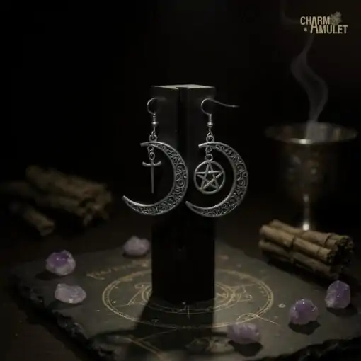 Earring Amulet <br> Pentagram earring Crescent Moon 5 Earring-hanging-on-display-stand-L-pentagram-charm-and-amule