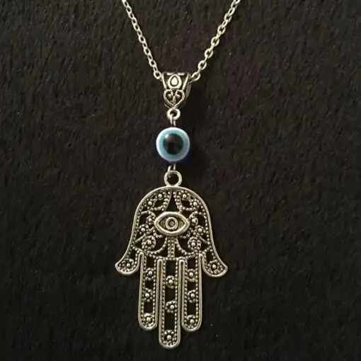 Amulet Necklace <br> Fatima Hand with evil eye 5 Fatima-hand-necklace-down-with-evil-eye-No-Logo-Charm-and-Amule