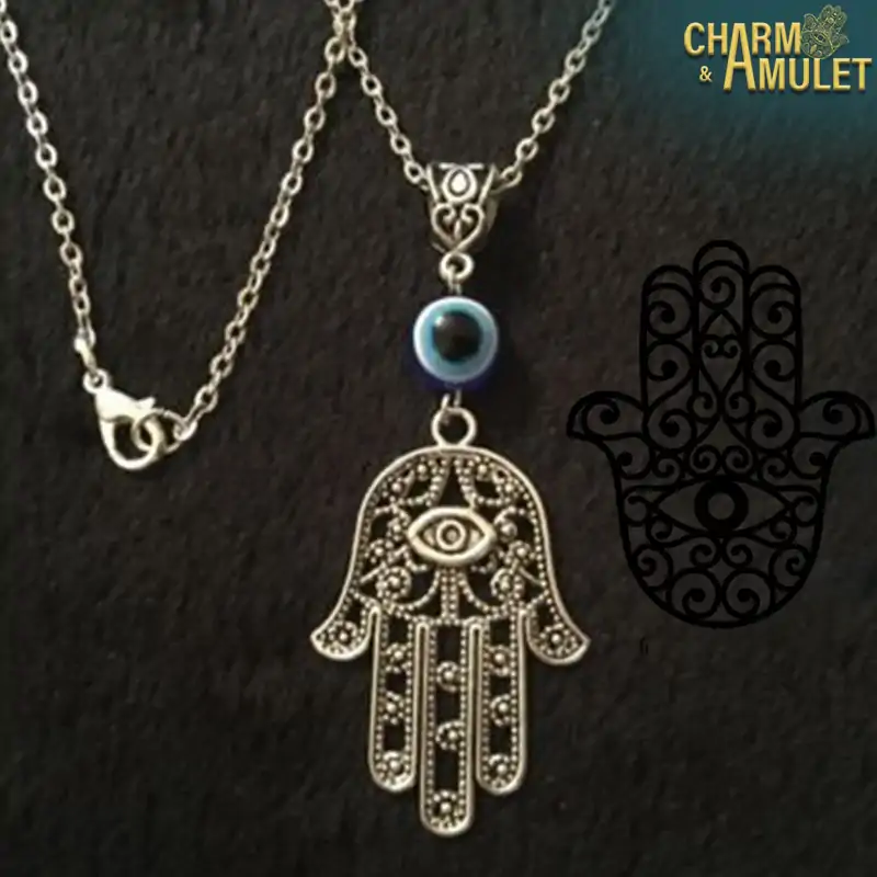 Amulet Necklace <br> Fatima Hand with evil eye 2 Fatima-hand-necklace-down-with-evil-eye-with chain-beautifull-Charm-and-Amulet