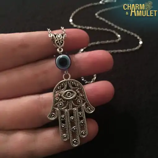 Amulet Necklace <br> Fatima Hand with evil eye 7 Fatima-hand-necklace-down-with-evil-eye-in-the-hand-Charm-and-Amulet