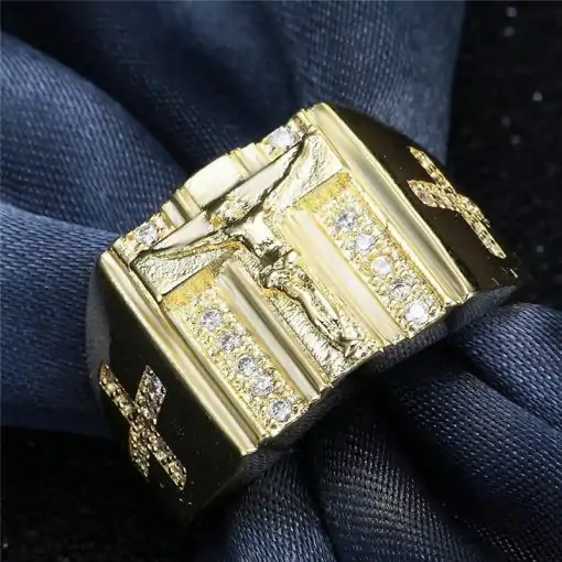 Bague Talisman <br> Bague Jésus 4 Chevalière-Jésus-Christ-sur-la-croix-frontside-details zoom Charm-and-Amulet