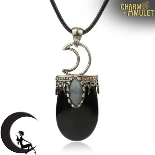 Amulet Necklace <br> Crystal Moon Necklace 12 Chain Black Onyx Pendant monn crescent Charm and Amulet