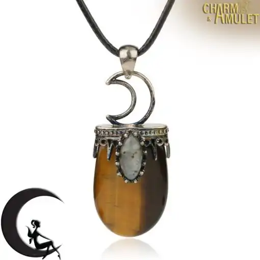 Amulet Necklace <br> Crystal Moon Necklace 8 Chain Tiger eyes Pendant monn crescent Charm and Amulet
