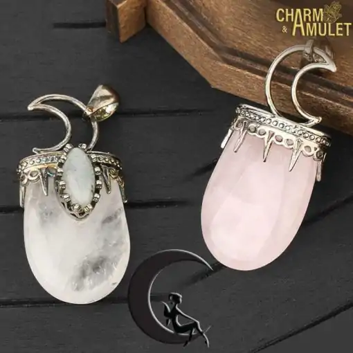 Amulet Necklace <br> Crystal Moon Necklace 5 Necklace-pendant-monn-crescent- on the table for presentation for faries and witches Charm-and-Amulet