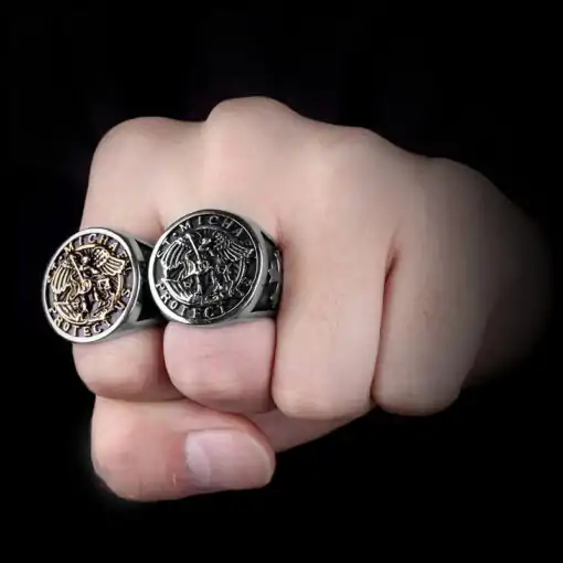 Bague Talisman <br> Bague St Michel 6 Bague St Michel or et argent ange démons tueur pour homme acier sur doigt Charm-and-Amulet