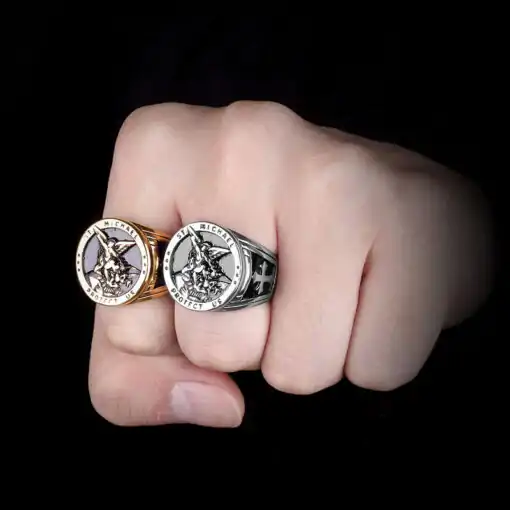 Bague Talisman <br> Bague St Michel 5 Bague St Michel démon tueur pour homme acier sur doigt Charme-et-Amulette