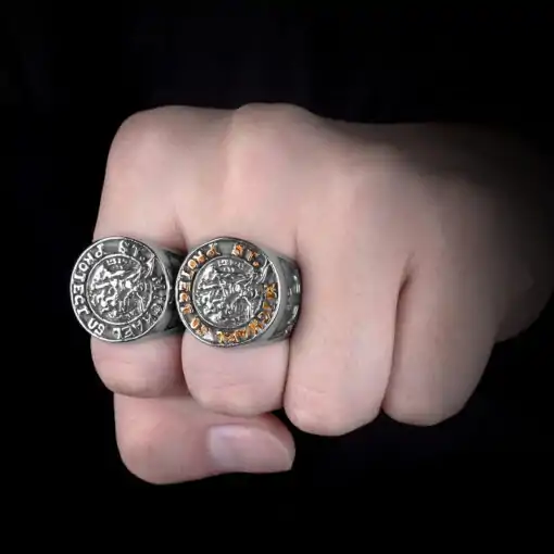 Bague Talisman <br> Bague St Michel 4 St Michel-anneau de protection pour les hommes stèle au doigt Charm-and-Amulet