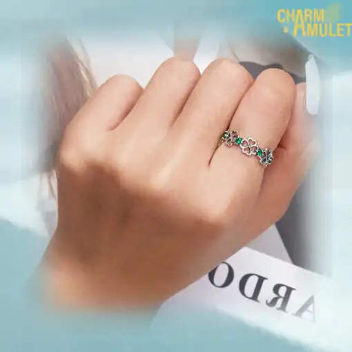 Talisman Ring <br> Silver Ring Four Leaf Clover 8 Silver-Ring-Four-Leaf-Clover-Open-style-white-background-with-zircon-Charm-and-Amulet