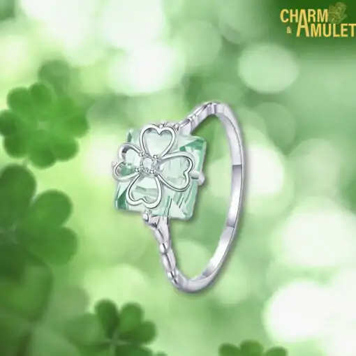Talisman Ring <br> Silver Ring Four Leaf Clover 12 Silver-Ring-Four-Leaf-Clover-Square-Charm-and-Amulet