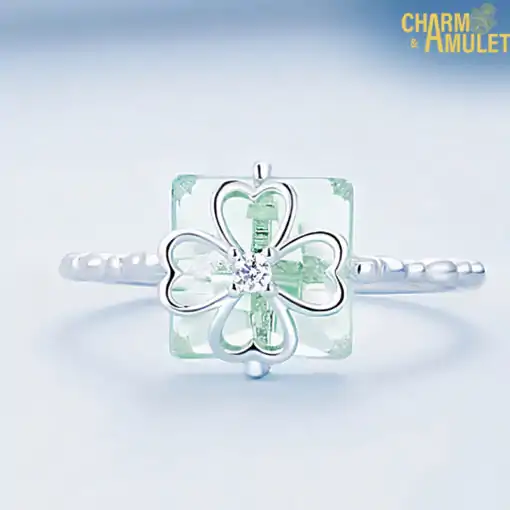Talisman Ring <br> Silver Ring Four Leaf Clover 5 Silver-Ring-Four-Leaf-Clover-Square-for-good-luck-Charm-and-Amulet